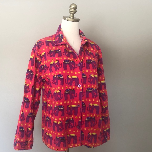 Sleep Shirt Medium Elephants Pink Purple Flannel Button Front - Picture 1 of 9